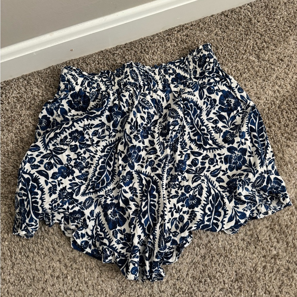 Blue Rain High Waist Floral Shorts in Blue and White